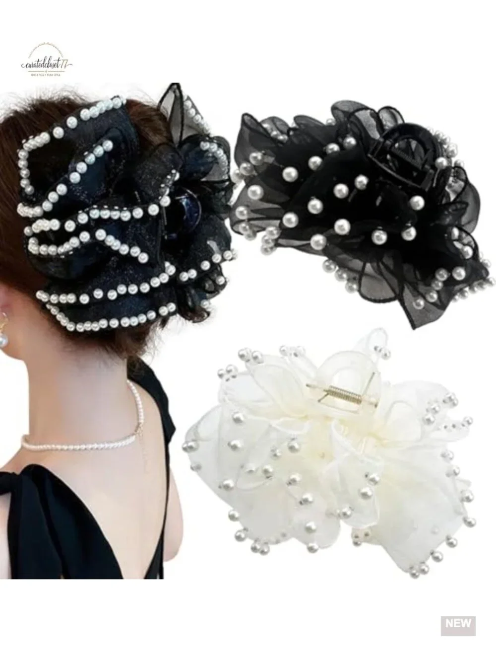 Large Nonslip French Barrette Hair Claw Clips with Pearl Trim Chiffon Silk Bows